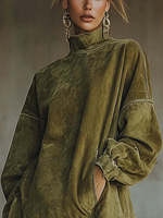 Robe en daim ample à col montant pour femme, manches classiques, avec pompons, style décontracté, collection automne-hiver