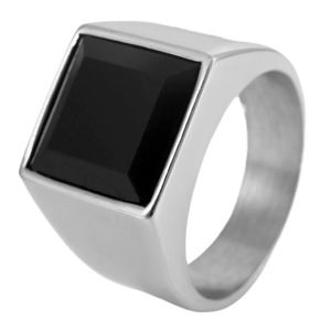 yunnique Men's <b>Gold</b> Steel Color Geometric <b>Ring</b> Black Gemstone Bezel Setting Jewelry Gift - Product Image 5