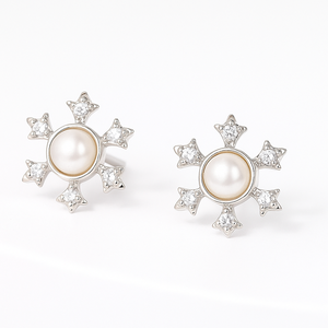 Wholesale Romantic Pearl Stud <b>Earrings</b> 925 Sterling <b>Silver</b> Rhodium Plated Starburst Design Women's Wedding Engagement Jewelry - Product Image 4