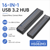 16 Portlu USB 3.2 Hub 10Gbps, VL822 Çip, 16x USB-A Bağımsız Anahtarlı, 12V Güç Adaptörü, ABS Gövde, HS082M3 Plastik