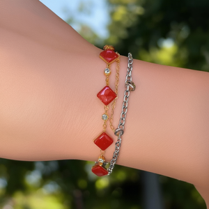 Fashion Beaded <b>Bracelet</b> <b>Red</b> Square Stones Gold Plated Stainless Steel Adjustable Chain For Women Jewelry - Product Image 3