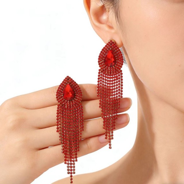 Women Temperament Red Teardrop Long Tassel Earrings Full Red Rhinestone Earrings for Ladies