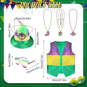 SOLPOP Ensemble de 6 pièces pour déguisement de carnaval Mardi Gras pour hommes, violet, doré, vert, avec chapeau à plumes, gilet, lunettes de soleil, perles, paillettes et colliers pour défilé - Product Image 1