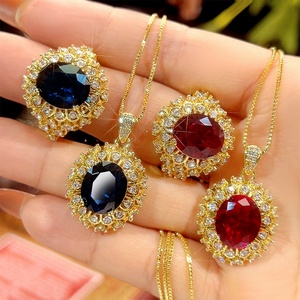 Vintage Jewelry Eco-friendly Copper Gold Plated Oval Cut 10*12mm Blue Zircon Imitation Blue <b>Crystal</b> Jewelry <b>Set</b> for Gift Tu - Product Image 1