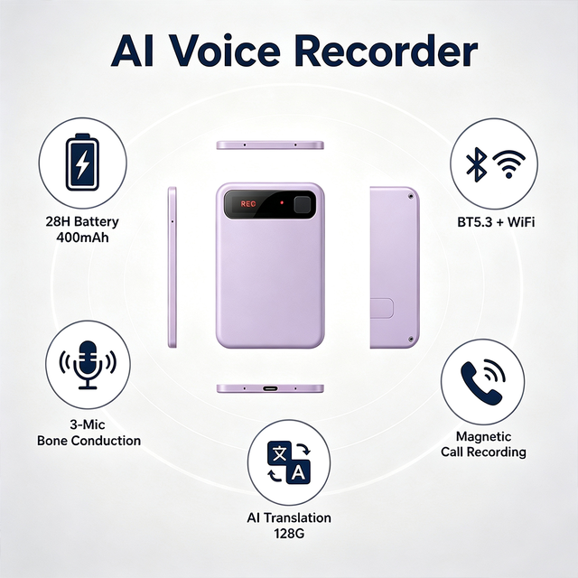AI Voice Recorder - 3-Mic Bone Conduction, AI Transcription & Translation, 128G TF, BT5.3 WiFi, Wholesale OEM, CE ROHS