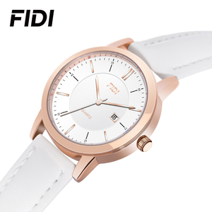 Reloj de cuarzo FIDI para hombre y mujer, diseño clásico minimalista con indicador de fecha, correa de cuero disponible en negro y oro rosa - Product Image 2