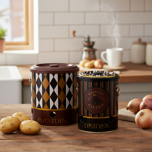 Metal Potato & Onion <b>Storage</b> <b>Bin</b> Set Dia 225x240 mm ( 2 Pcs ) Vintage Circus Elegance Circus Design - Product Image 3