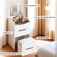 Coiffeuse de chambre moderne pliable avec miroir éclairé, armoire de rangement et station de maquillage de chevet - Conception multifonctionnelle