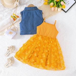 Ropa Infantil para Niñas de 4 a 8 Años, Conjunto Casual de Dos Piezas, Top de Mezclilla de Poliéster y Algodón y Vestido con Tirantes de Malla, Transpirable - Product Image 2