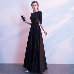 Women's Evening Gown Boat Neck Sequined <b>A</b>-<b>Line</b> Long <b>Dress</b> For Party Host Performance - Product Image 3