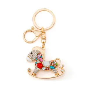 Women Crystal Car Keychain Colorful Rhinestone Trojans Pendant Car Key Chain Gold Mustang Keychain Charm Jewelry Party Gift