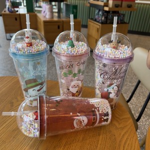 Cute 450ml Xmas Santa & Reindeer Pattern Double Wall Plastic Straw Cup with Pom Pom <b>Decor</b> Dome <b>Lid</b> for Christmas Holiday Daily - Product Image 1