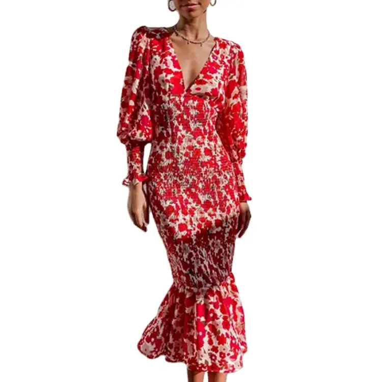 New Spring Summer 2023 Slim Print Sexy Dress Fashion Elegant Women's V-neck Long Long Sleeve Evening Dress Dress Top