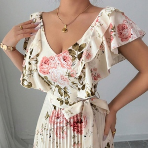 เดรสแฟชั่นทรงเอ พิมพ์ลายดอกไม้ดิจิทัล คอวี แต่งระบายช่วงเอว จับจีบสวยหรู สไตล์รีสอร์ท สำหรับผู้หญิง ขายดี - Product Image 2