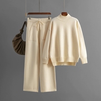 Ensemble de chandail en tricot pour femmes P-130 Automne Hiver, chandail à col roulé à manches longues + pantalon large, ensemble en tricot deux pièces pour femmes