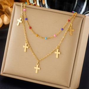 <b>Cross</b> <b>Chain</b> Necklace Set Stainless Steel Multicolor Beads Women's Fashion Jewelry - Product Image 1
