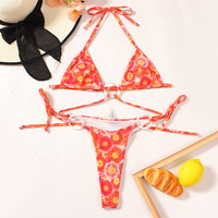 Nouvel ensemble bikini 2 pièces pour femme à imprimé floral, soutien-gorge triangle à anneaux et lanières croisées, bas string dos nu en Spandex/Polyester