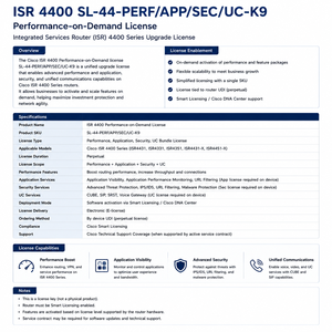 Licenza di aggiornamento per Router di Servizi Integrati ISR 4400 SL-44-PERF APP SEC UC-K9 con Performance-on-Demand - Product Image 1