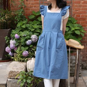 Pink Ruffled Apron Cotton Linen Breathable Kitchen Baking Housework Daily Use Solid Color - Product Image 3
