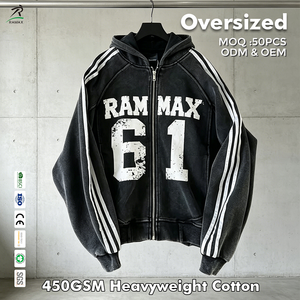 Sudadera con capucha y cremallera estilo vintage personalizada para hombre |   Chaqueta con Capucha y Cierre Completo, Corte Cuadrado, con 3 Franjas en las Mangas |   Impresión de Números RAMMAX, Marca Privada - Product Image 1