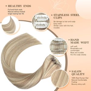 FUBILI 16 pouces 100g Double trame brésilienne Remy Extensions 7 pièces femmes <span class=keywords><strong>blond</strong></span> clair mis en évidence <span class=keywords><strong>blond</strong></span> <span class=keywords><strong>doré</strong></span> Clip-In <span class=keywords><strong>naturel</strong></span> - Product Image 1