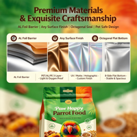 Sachet alimentaire personnalisé à 8 soudures latérales avec fermeture éclair, fond plat, haute barrière, scellage robuste, en feuille d'aluminium de qualité alimentaire pour aliments pour oiseaux et perroquets