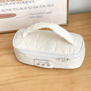Polyester Milk <b>Powder</b> Color Cosmetic Bag Soft Handle Zipper Closure Korean <b>Style</b> Travel Puffy Makeup Organizer Bag - Product Image 3
