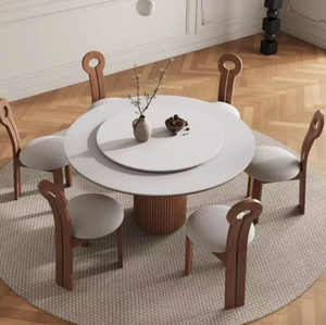 Set Tavolo e Sedie da Pranzo Minimalista <span class=keywords><strong>in</strong></span> <span class=keywords><strong>Legno</strong></span> Massello e Marmo, Convertibile ed Ecologico, con Finitura Crema e <span class=keywords><strong>Piano</strong></span> Rotondo per Casa e Hotel - Product Image 5