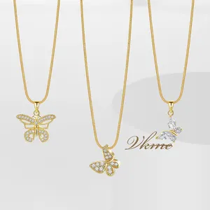 KISSWIFE wanita elegan Sepuh emas tembaga kalung kupu-kupu kristal berlian imitasi kalung kupu-kupu perhiasan