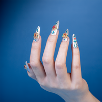 Ongles à presser en chrome argenté avec cristaux, motifs floraux 3D et pierres précieuses, pointes d'ongles stiletto, fabriqués à la machine, en gel souple personnalisable, emballage personnalisable