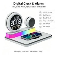 Dock Pengisian Daya Nirkabel 15W PC Pengisian Cepat Jam Digital (2 Alarm) Suhu Kelembaban Speaker Audio RGB Gradien Ambient