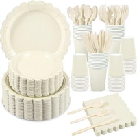 350 pièces de vaisselle jetable en papier ivoire, assiettes à dessert crème de 9 et 7 pouces, tasses de 9 oz, couverts, pour 50 invités, assiettes jetables beige festonnées