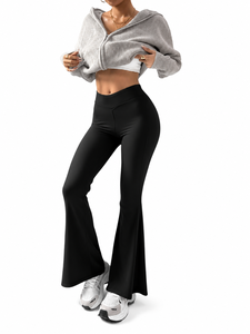 High Waist Flared Leg Yoga <b>Leggings</b> Full Length Solid <b>Black</b> Seamless Four-Way Stretch Elastic Waist - Product Image 1