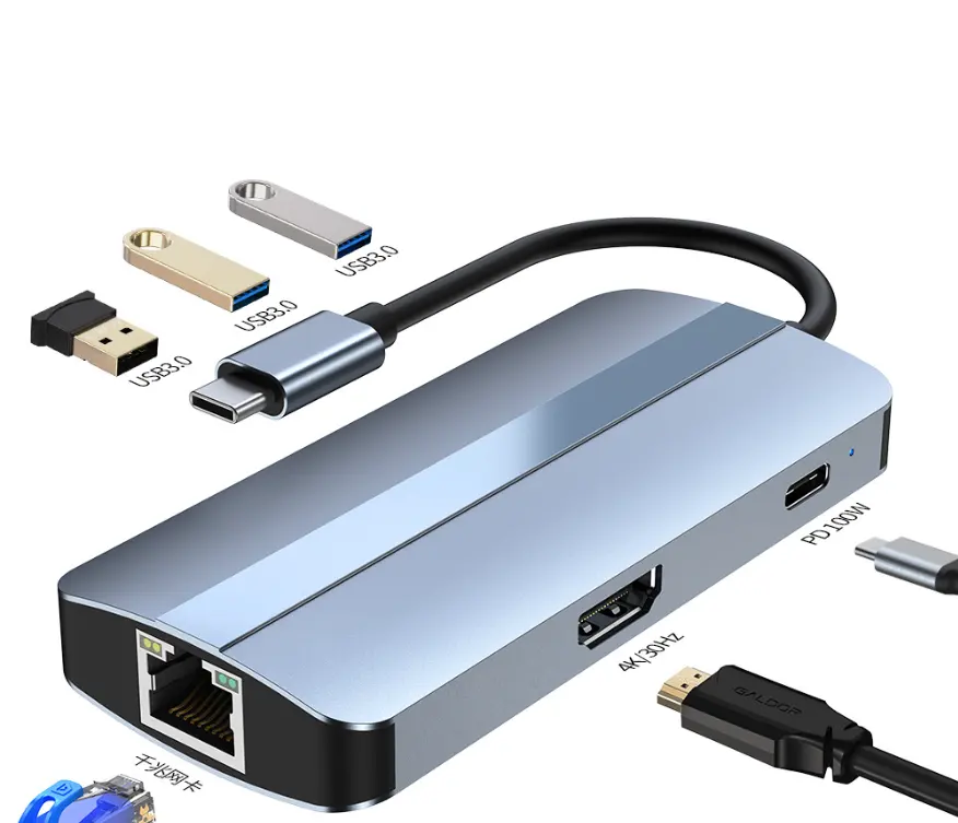 Estação de acoplamento de multiportas USB hubs Adaptadores Ethernet para Hd-mi Rj45 Estação de encaixe Adaptadores Ethernet 2 3 4 5 6 7 8