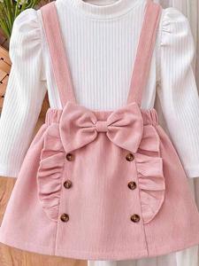 Herfst-winter 2026 kindermeisjes boutique kleding pofmouw geribbelde top <span class=keywords><strong>corduroy</strong></span> strik bretelsrok 2-delig Koreaans babykleding - Product Image 5