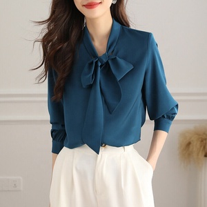 สตรีผ้าไหมโบว์ผูกคอเสื้อ<span class=keywords><strong>ญี่ปุ่น</strong></span>สีฟ้า Dressy <span class=keywords><strong>เสื้อ</strong></span>แขนโคมไฟสํานักงานเลดี้<span class=keywords><strong>เสื้อ</strong></span>อย่างเป็นทางการเสื้อ - Product Image 2