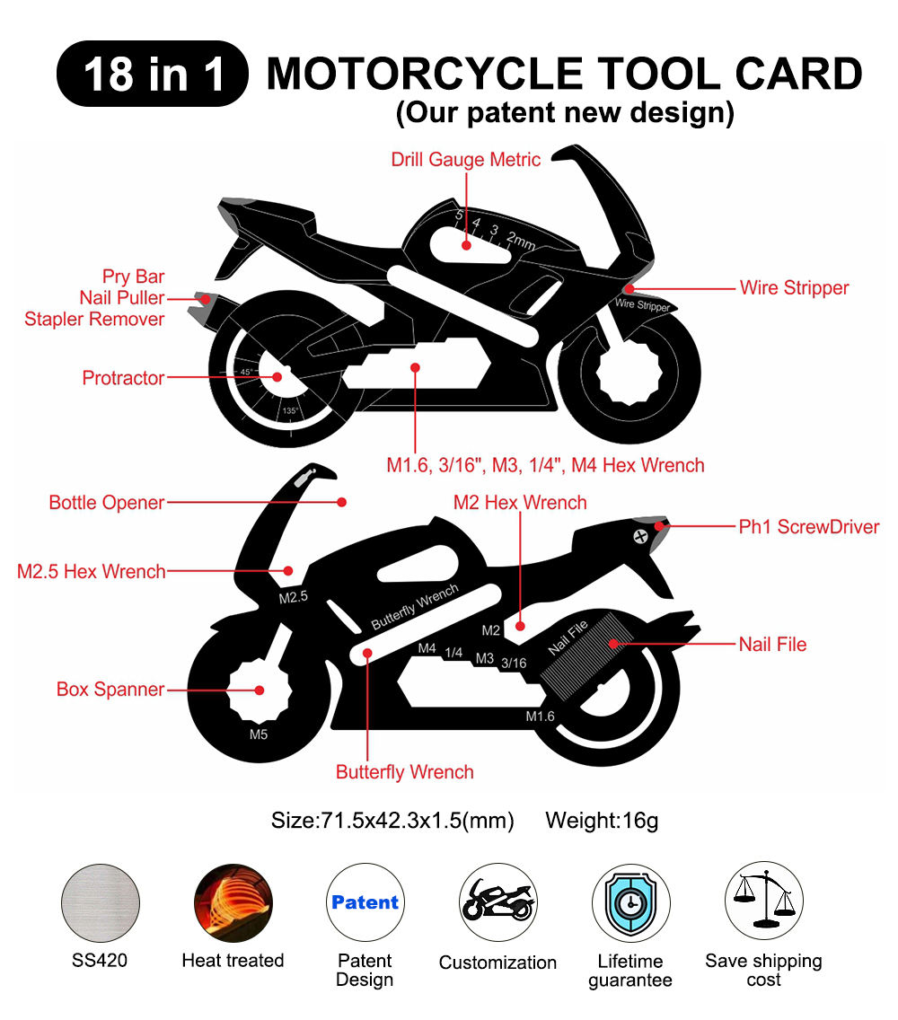 Outil de carte de forme de moto 18 en 1
