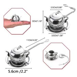 Infuseur à thé réutilisable en acier inoxydable Syh1354 en forme de théière avec chaîne à mailles fines, crochet et plateau anti-goutte pour les amateurs d'ustensiles de cuisine - Product Image 5