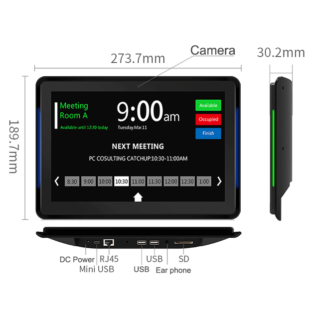 Conference Meeting Room Booking LED Light Bar Wall Mount Touch Android 8.1 POE 10 Inch Tablet with NFC RFID Option