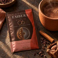 Feuille d'or estampée personnalisée pour sachet de 18g de poudre de mélange de cacao et de champignons, emballage alimentaire pour animaux de compagnie foncés avec encoche de déchirement