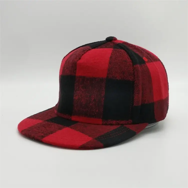 Wholesales chapéu verificado de cor vermelha, preto personalizado de alta qualidade, chapéus de rede de inverno em feltro de lã, tampa xadrez de amoro, aba plana, snapback