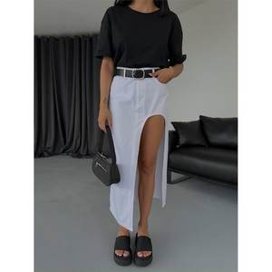 White Denim <b>Midi</b> <b>Skirt</b> U-Shaped <b>Slit</b> Detail Casual Vintage Sexy Style Pencil Silhouette Plus Size Button Belt for Autumn - Product Image 3