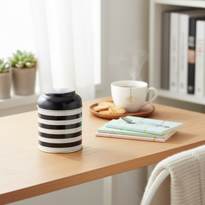 Kontensan EF080G9 90x110mm Round Metal Tin-0.6L with Black and White Line Pattern Dome <b>Lid</b> Decorative <b>Storage</b> <b>Box</b> - Product Image 3