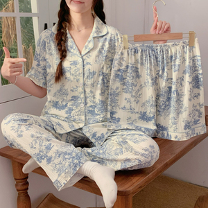 2024 lindo nuevo diseñ<span class=keywords><strong>o</strong></span> 3 uds conjuntos de Pijamas cortos Pijamas de verano ropa de dormir camisones de algodón estampados conjunto de pijamas para mujeres - Product Image 5