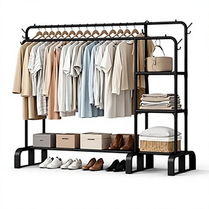 Porte-vêtements minimaliste en métal sur pied avec rangement à trois niveaux pour armoire, design multifonctionnel - Product Image 4
