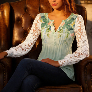 Chemise à manches en dentelle à imprimé floral vert menthe pour femmes - Haut décontracté élégant à col en V et boutons sur le devant pour tous les jours et les soirées - Product Image 3