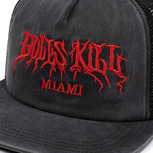Gorra de béisbol snapback personalizada para niños, estilo camionero de <span class=keywords><strong>Miami</strong></span>, lavada, con visera plana, bordado rojo gótico, malla, estilo étnico vintage streetwear - Product Image 5