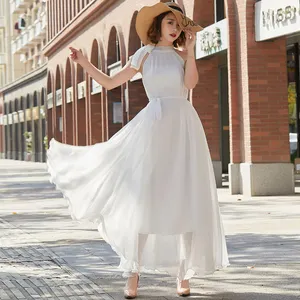Женское длинное платье с бантом на шее, белое винтажное платье макси для отдыха, пляжная одежда, сарафан для фотосъемки, 2021