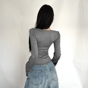 Vintage Knitted Stripe Print Cutout Top Women's T-shirt Korean New Style <b>Button</b> Front Slim Fit Full Sleeve False Breathable - Product Image 4