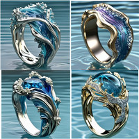 Cincin Terbuka Seri Wave Ring-Ocean dari Resin Alloy untuk Wanita dengan Desain Bertabur Rhinestone dan Berlian